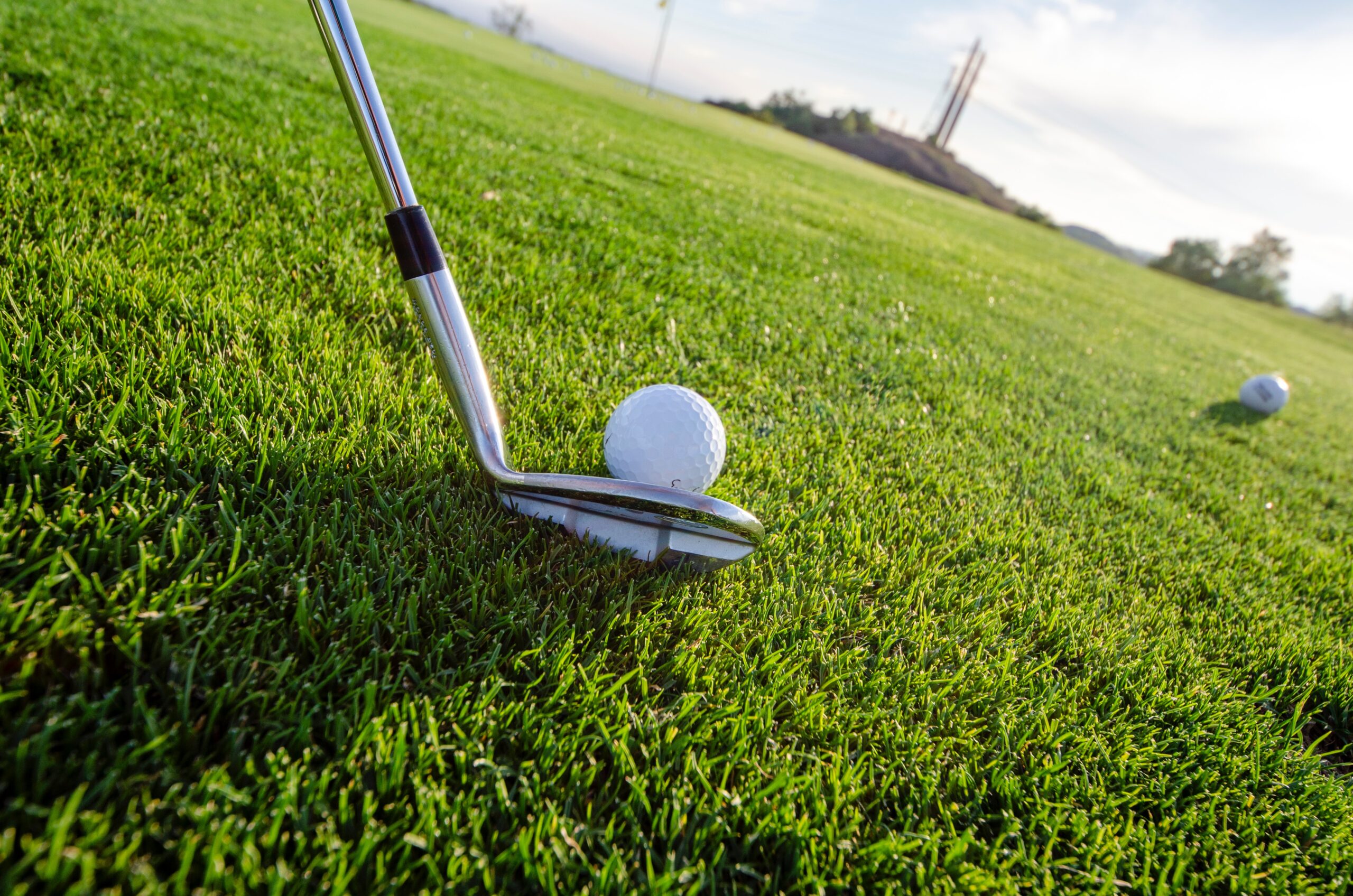 Golf club and ball on golf green